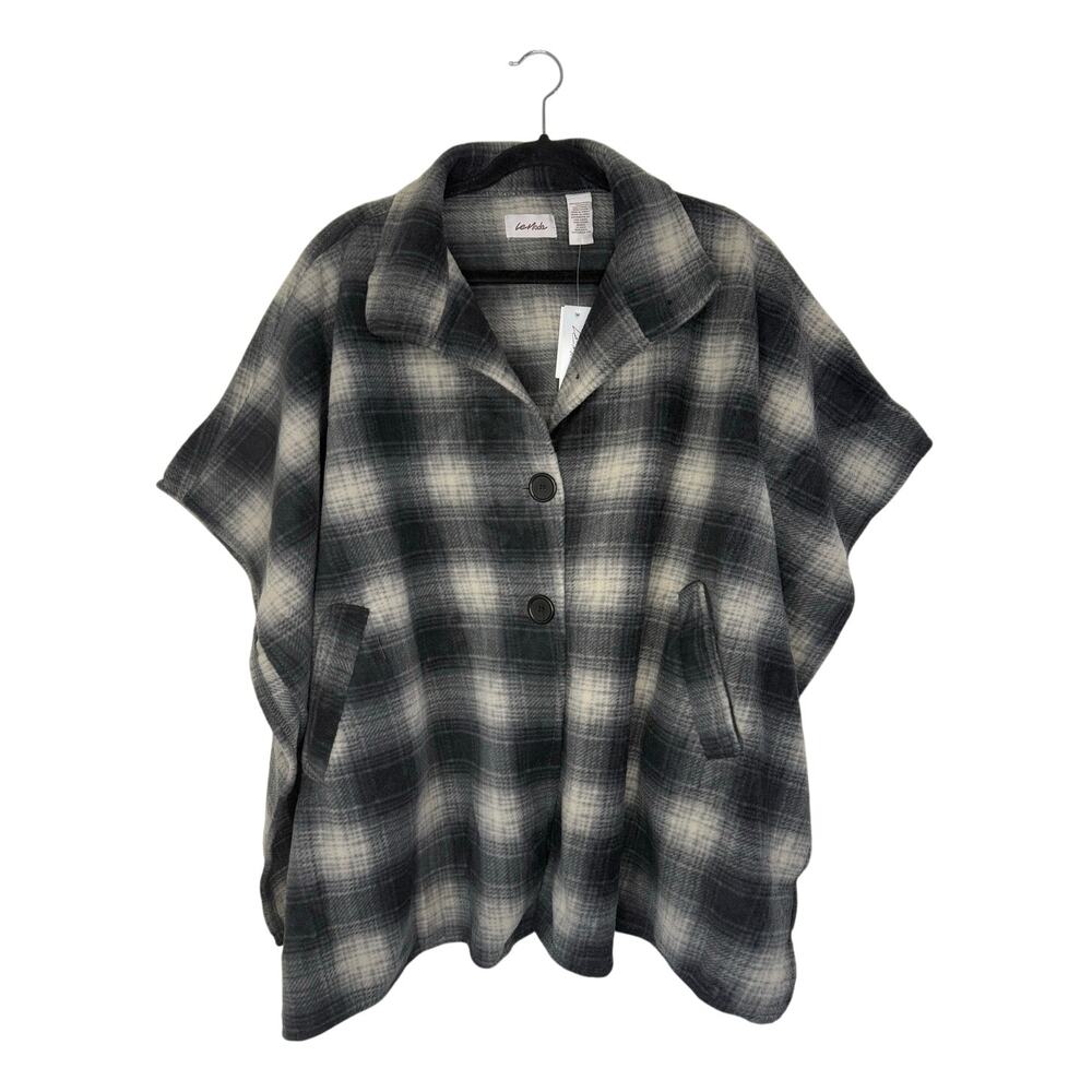 NWT Le Moda Fleece Gray Plaid Button Cape Wrap Poncho One Size Winter Fall